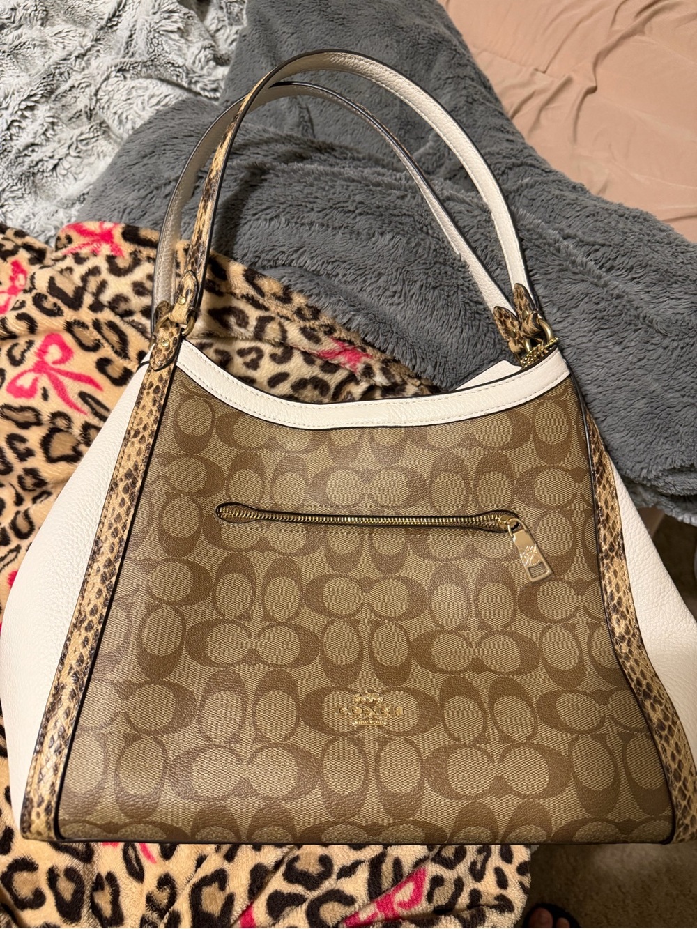 Coach Brown Signature Canvas Shoulder Bag with White and Snake-Trim